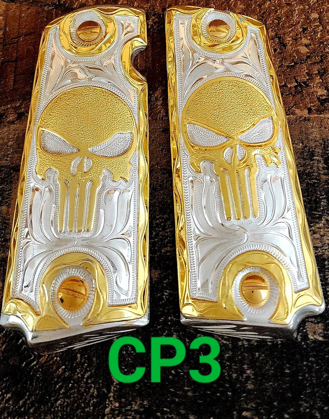 The punisher el castigador Cachas 1911 gun pistol grips artesanales gravadas a mano chapeadas de oro