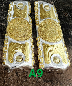 Calendario azteca cachas gun grips 1911full size custom engraved 24k gold plated