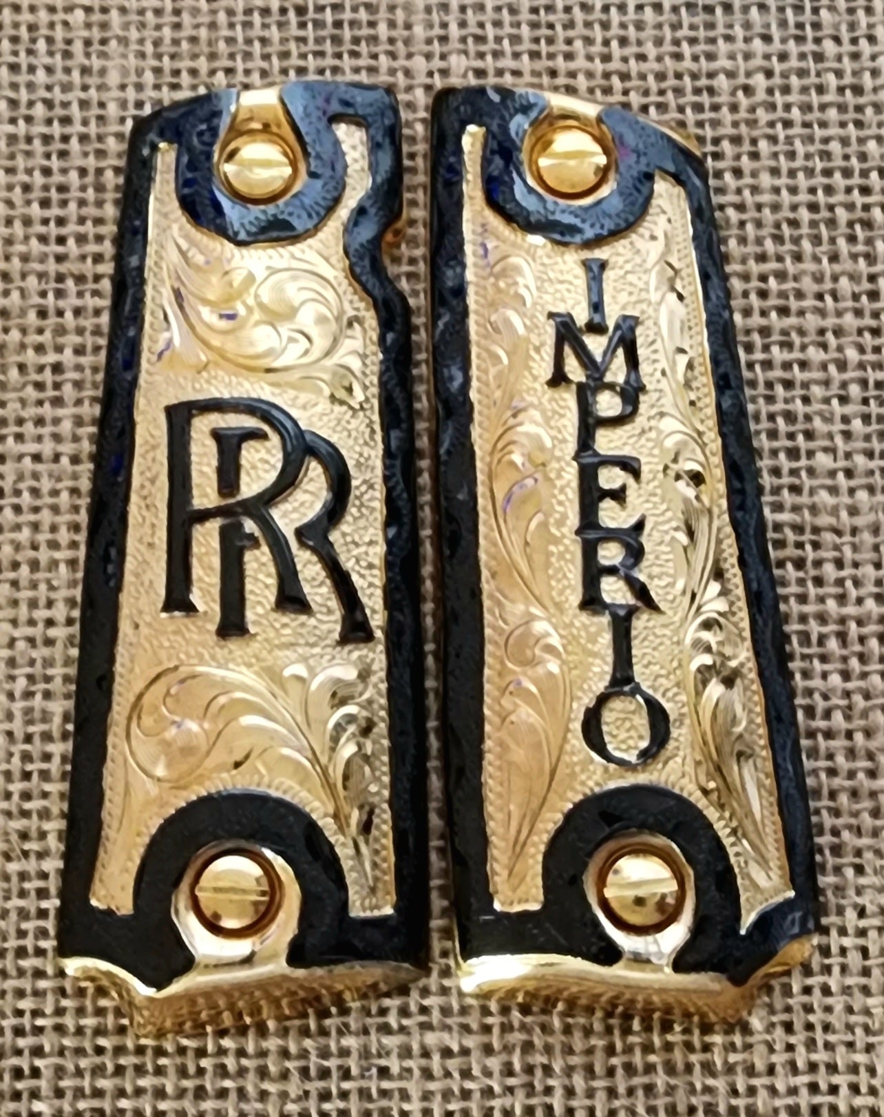 RR Imperio cachas Mexican gravado style 1911 full size custom premium gun grips gold and black plated