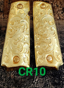 Floral rameado style 1911 full size custom premium gun grips cachas gold and silver plated