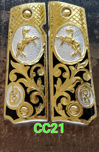 1911 caballitos logo narco mexican style government gun grips cachas 24k gold plated