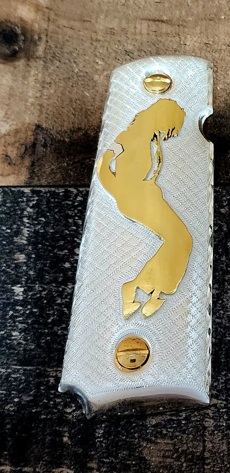 Michael Jackson cachas Mexicanas gravado style 1911 full size custom premium gun grips silver and gold plated