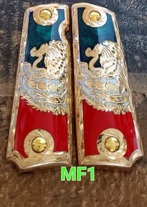 1911 mexican flag narco style government gun grips cachas bandera mexicana 24k gold plated