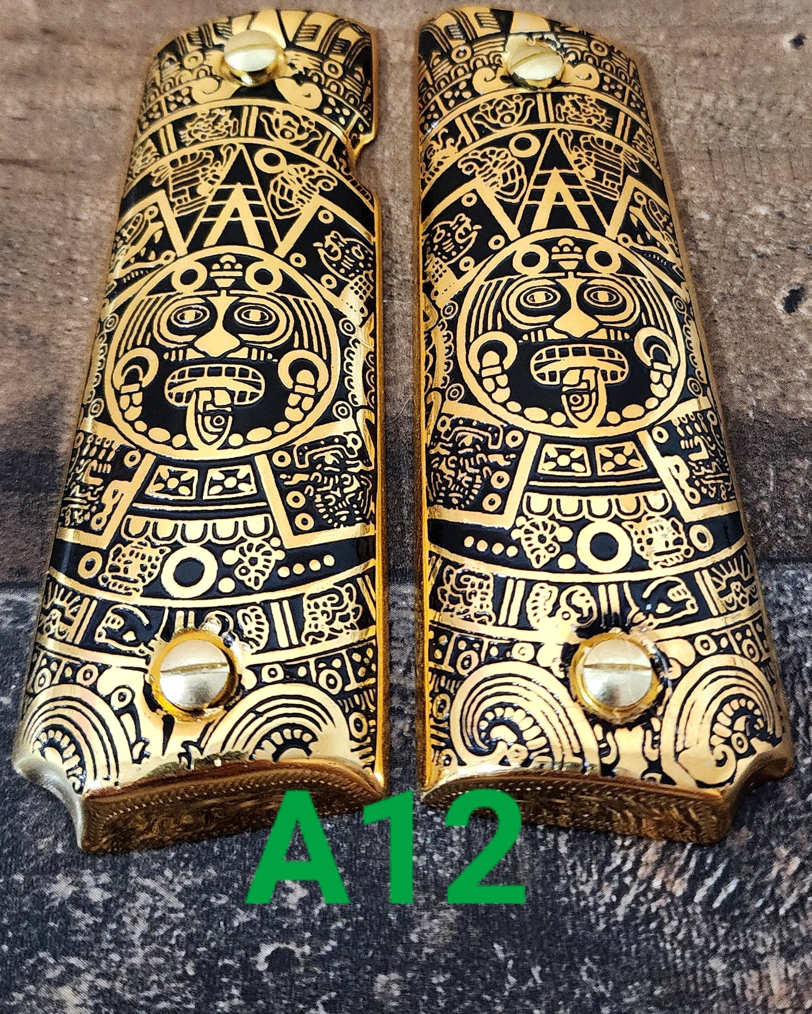 Calendario azteca cachas gun grips 1911full size custom engraved 24k gold plated