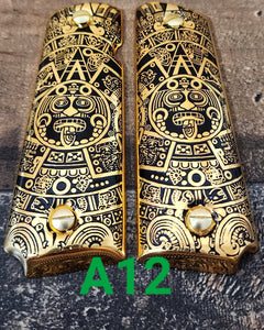 Calendario azteca cachas gun grips 1911full size custom engraved 24k gold plated