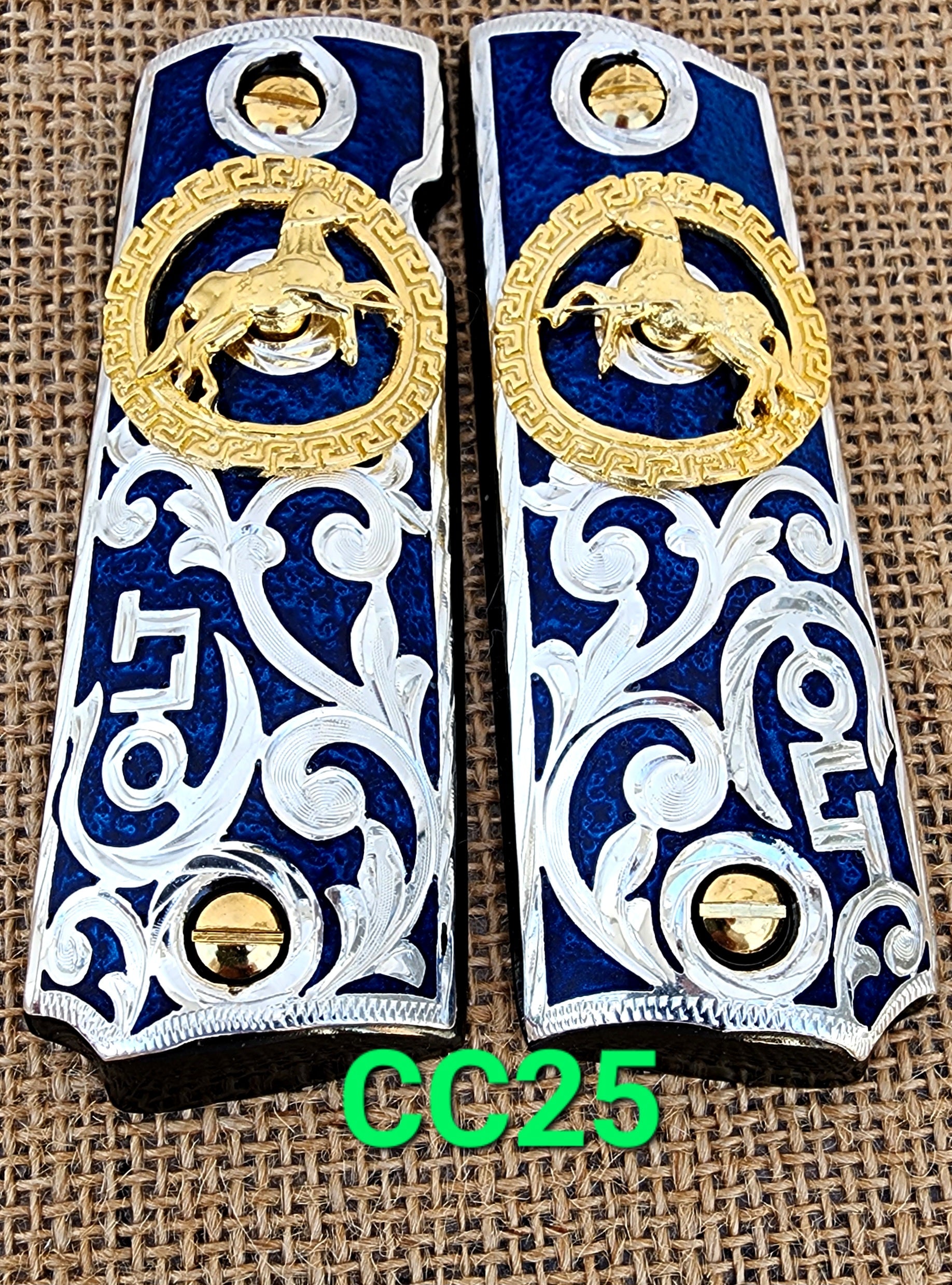 1911 caballitos logo narco mexican style government gun grips cachas 24k gold plated