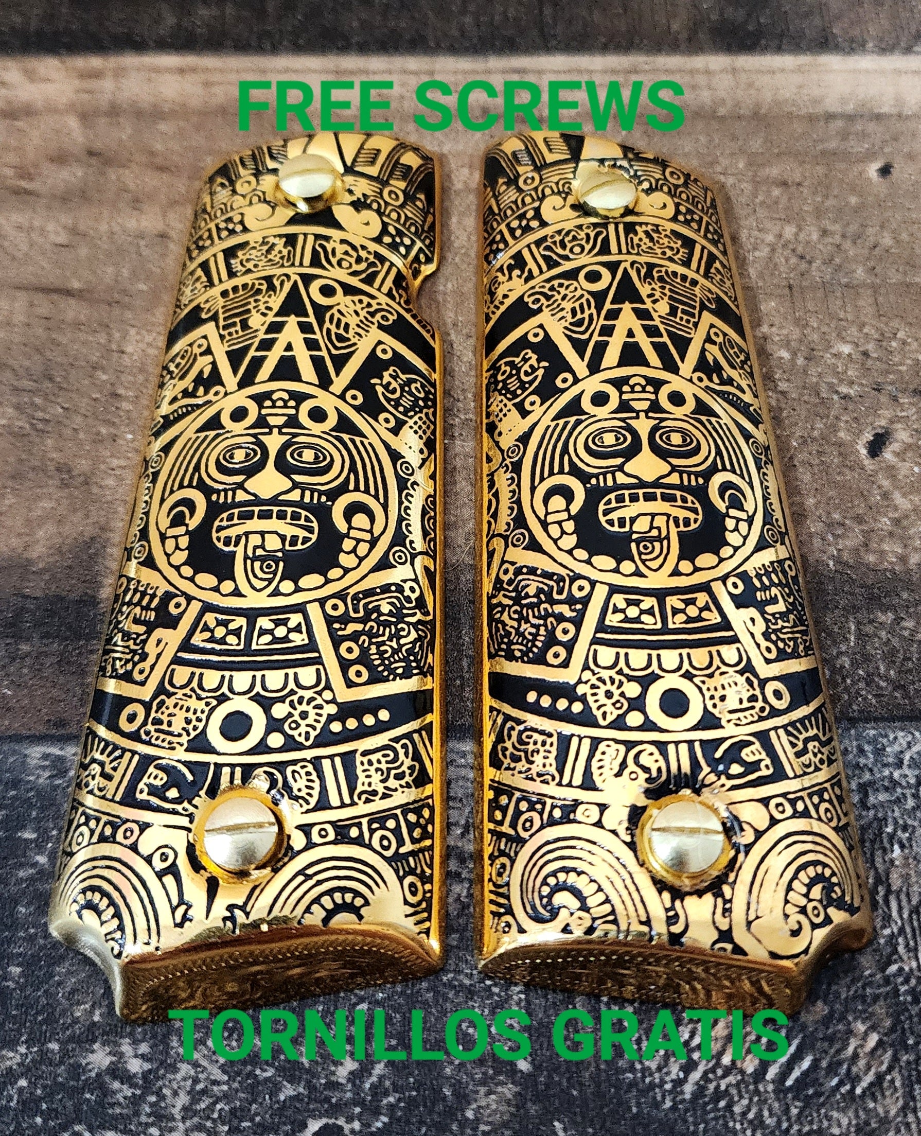 Calendario azteca cachas gun grips 1911full size custom engraved 24k gold plated