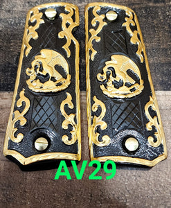 aguila mexicana eagle cachas 1911 Custom handmade Grips 24k plated 45/38 & any1911 full size