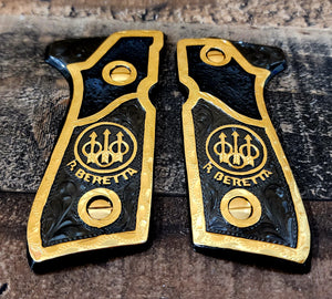 Beretta 92fs 9mm logo black,red,blue,silver,brown,golden and rose gold custom made cachas pistol grips 24k gold Plated