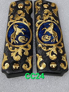 1911 caballitos logo narco mexican style government gun grips cachas 24k gold plated