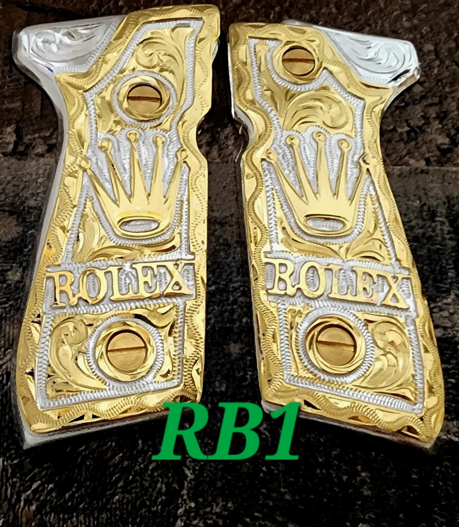 Rolex Beretta 92fs 9mm premium custom made cachas pistol grips 24k gold Plated