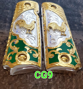 Gallos rooster palenque golden and silver 1911 full size mexican premium gun grips cachas gold plated