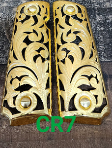 Floral rameado style 1911 full size custom premium gun grips cachas gold and silver plated