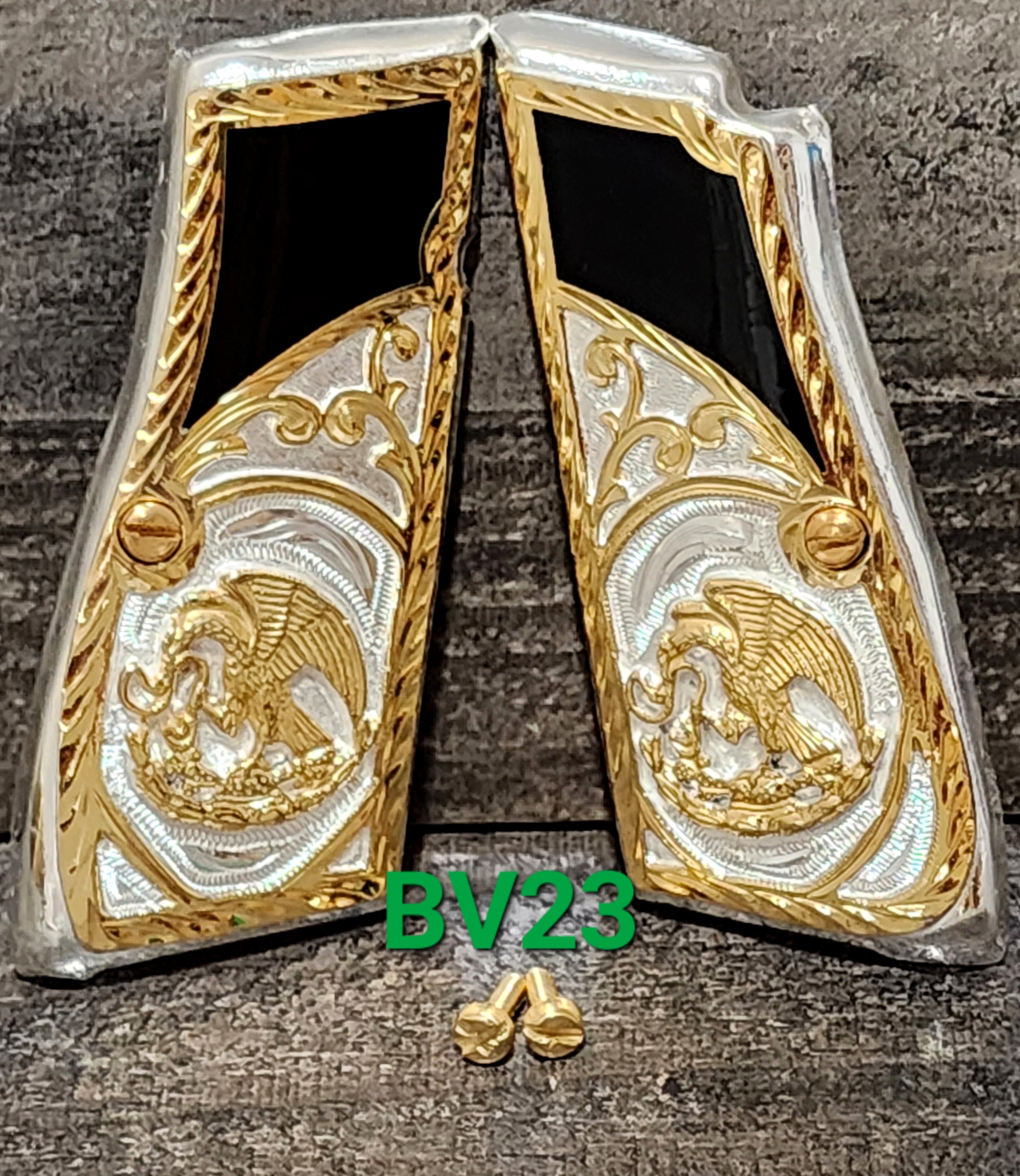 Browning highpower many mexican style grips cachas Handmade engraved 24k gold plated