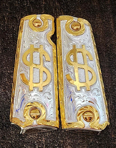 Money sign cachas dinero gravado style 1911 full size custom premium gun grips gold and silver plated