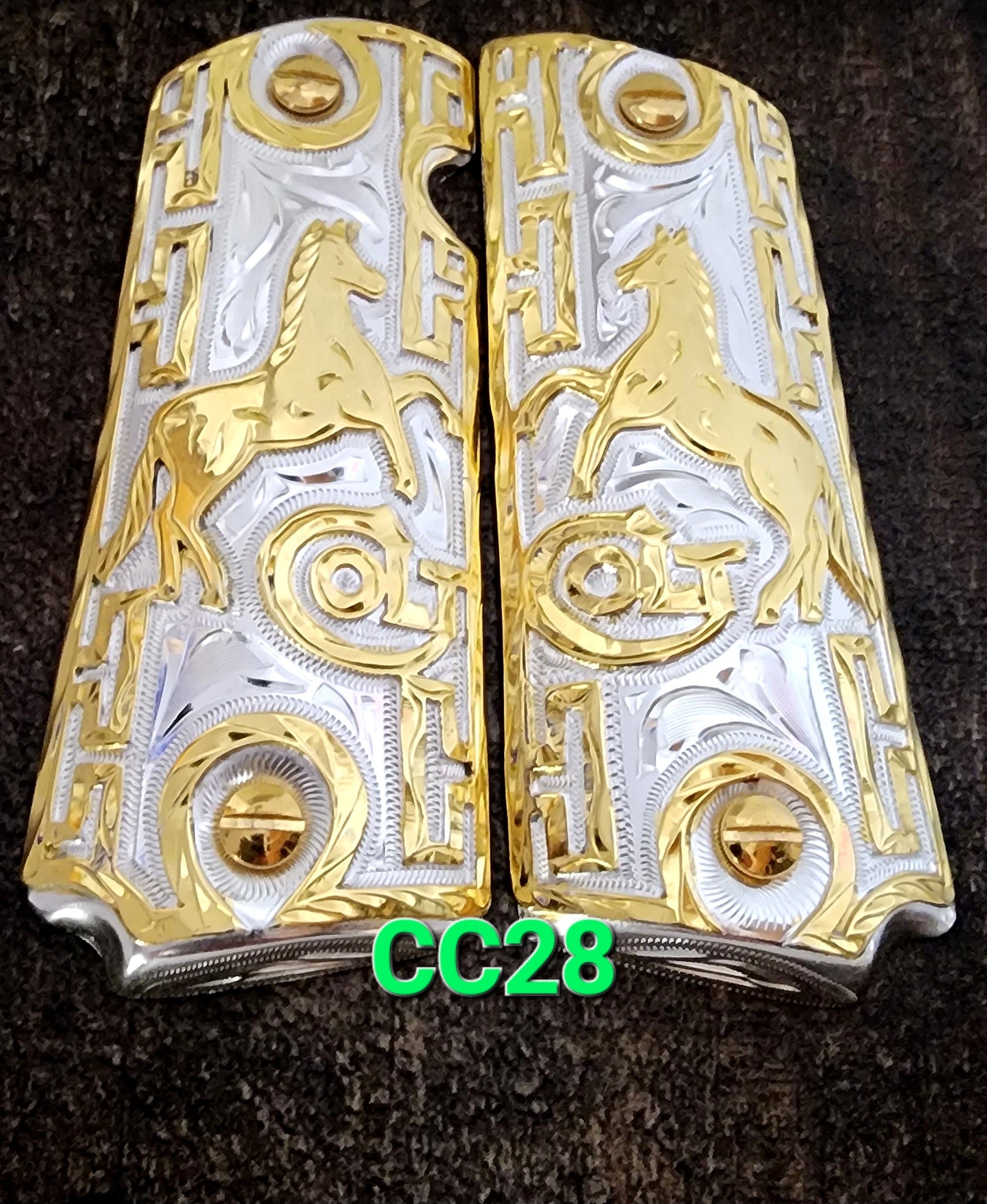 1911 caballitos logo narco mexican style government gun grips cachas 24k gold plated