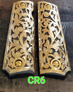 Floral rameado style 1911 full size custom premium gun grips cachas gold and silver plated