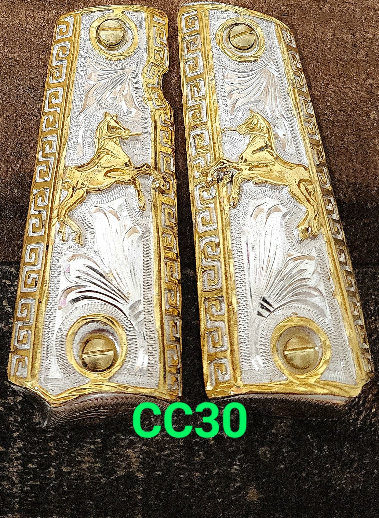 1911 caballitos logo narco mexican style government gun grips cachas 24k gold plated