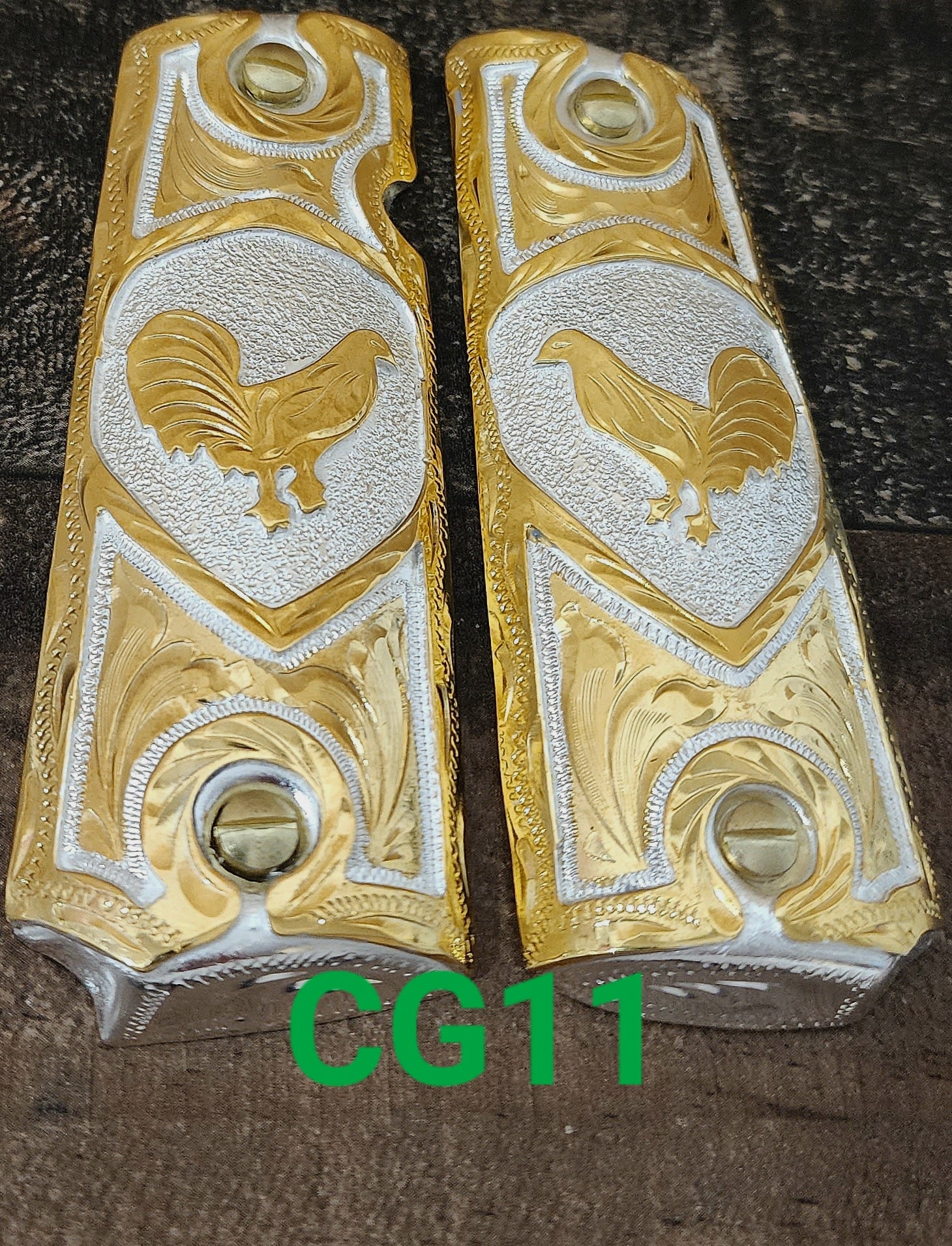 Gallos rooster palenque golden and silver 1911 full size mexican premium gun grips cachas gold plated