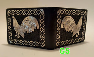 Gallos rooster Hilo de plata money cartera wallet artesanal piteada bordada a mano hand crafted mexican custom work in silver thread Made in mexico            