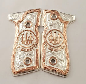 Beretta 92fs 9mm logo black,red,blue,silver,brown,golden and rose gold custom made cachas pistol grips 24k gold Plated