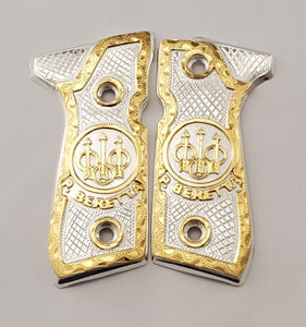 Beretta 92fs 9mm logo black,red,blue,silver,brown,golden and rose gold custom made cachas pistol grips 24k gold Plated