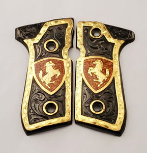 Caballitos black,red,blue,silver,brown and golden custom made beretta 92fs cachas pistol grips 24k gold Plated