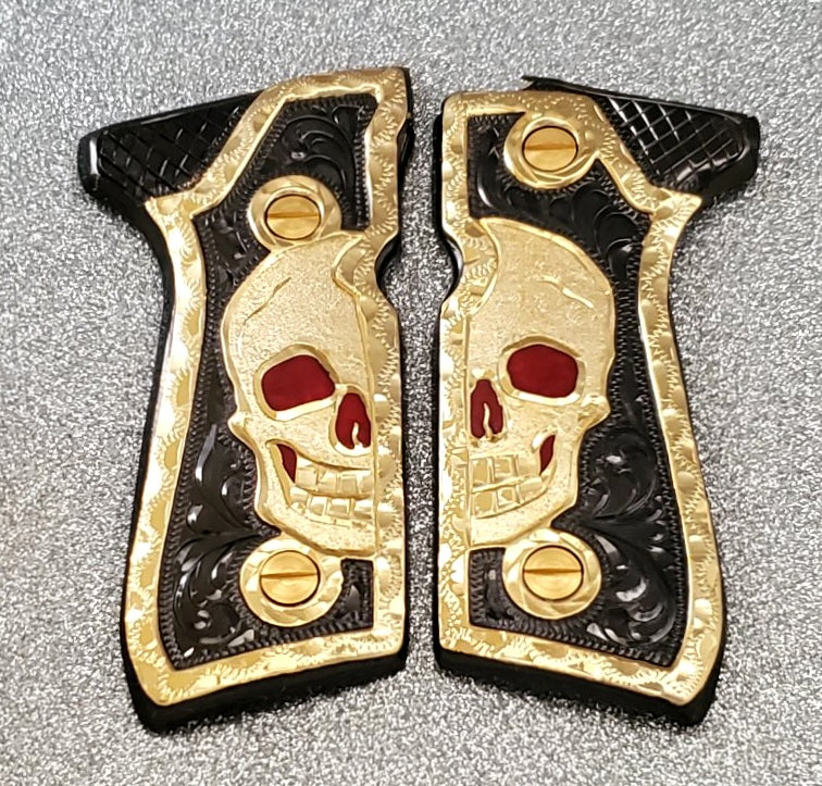 Skulls calaveras Handmade engrave style premium mexican Beretta 92fs grips Cachas clasicas rameadas