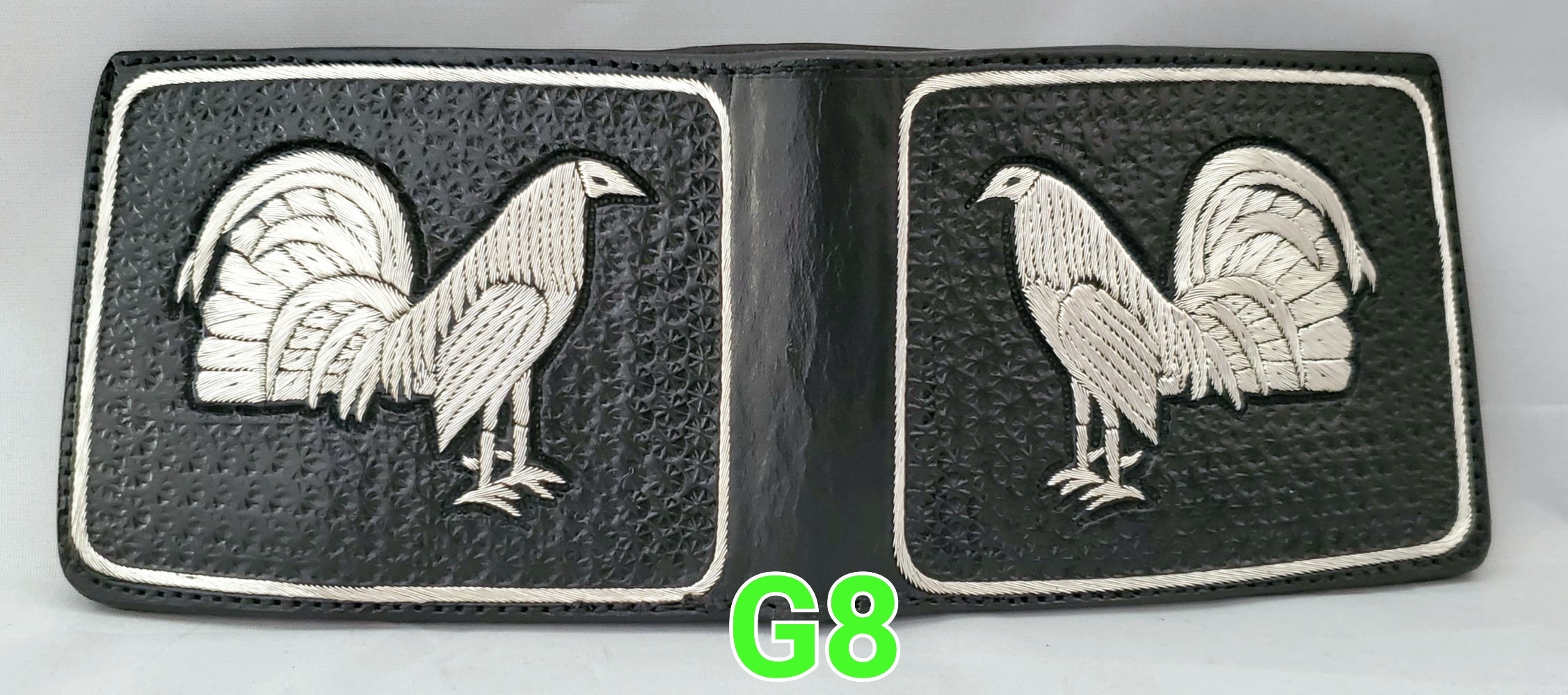 Gallos rooster Hilo de plata money cartera wallet artesanal piteada bordada a mano hand crafted mexican custom work in silver thread Made in mexico            