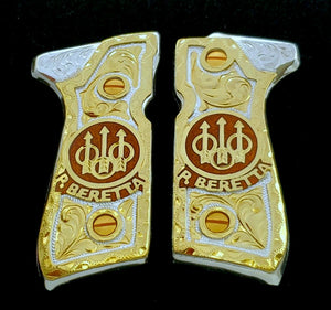 Beretta 92fs 9mm logo black,red,blue,silver,brown,golden and rose gold custom made cachas pistol grips 24k gold Plated