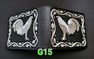 Gallos rooster Hilo de plata money cartera wallet artesanal piteada bordada a mano hand crafted mexican custom work in silver thread Made in mexico            