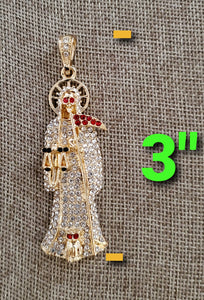 Santa muerte Reaper diamantada con cadena collar necklace figaro chain CZ Pendant 14k gold plated