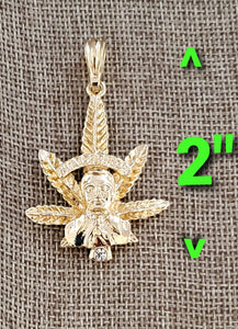 Malverde con hoja de mariguana cadena collar necklace figaro chain CZ Pendant weed 14k gold plated