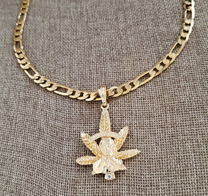 Malverde con hoja de mariguana cadena collar necklace figaro chain CZ Pendant weed 14k gold plated