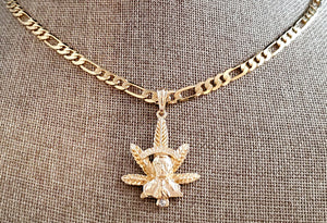 Malverde con hoja de mariguana cadena collar necklace figaro chain CZ Pendant weed 14k gold plated