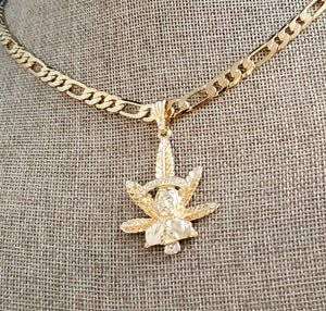 Malverde con hoja de mariguana cadena collar necklace figaro chain CZ Pendant weed 14k gold plated