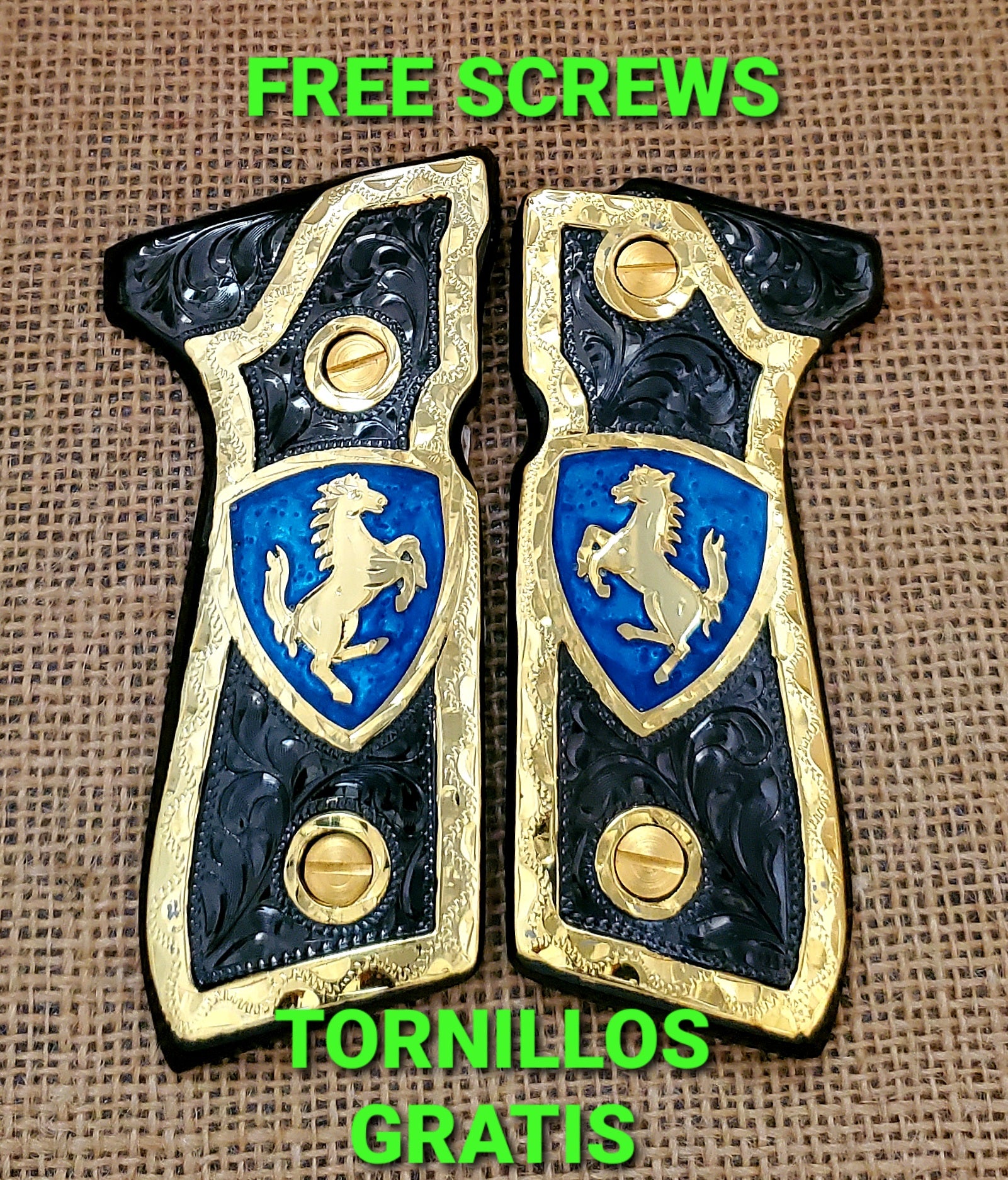 Caballitos black,red,blue,silver,brown and golden custom made beretta 92fs cachas pistol grips 24k gold Plated