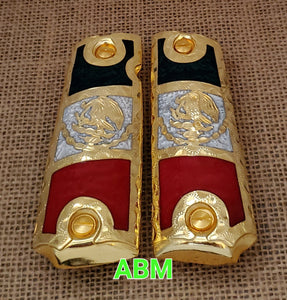 1911 mexican flag narco style government gun grips cachas bandera mexicana 24k gold plated