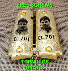 El chapo mexican style narco Cachas mexicanas 1911 full size grips gold plated