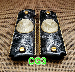 Gallos rooster palenque golden and silver 1911 full size mexican premium gun grips cachas gold plated