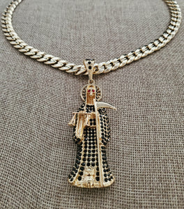 Santa muerte Reaper diamantada con cadena collar necklace figaro chain CZ Pendant 14k gold plated