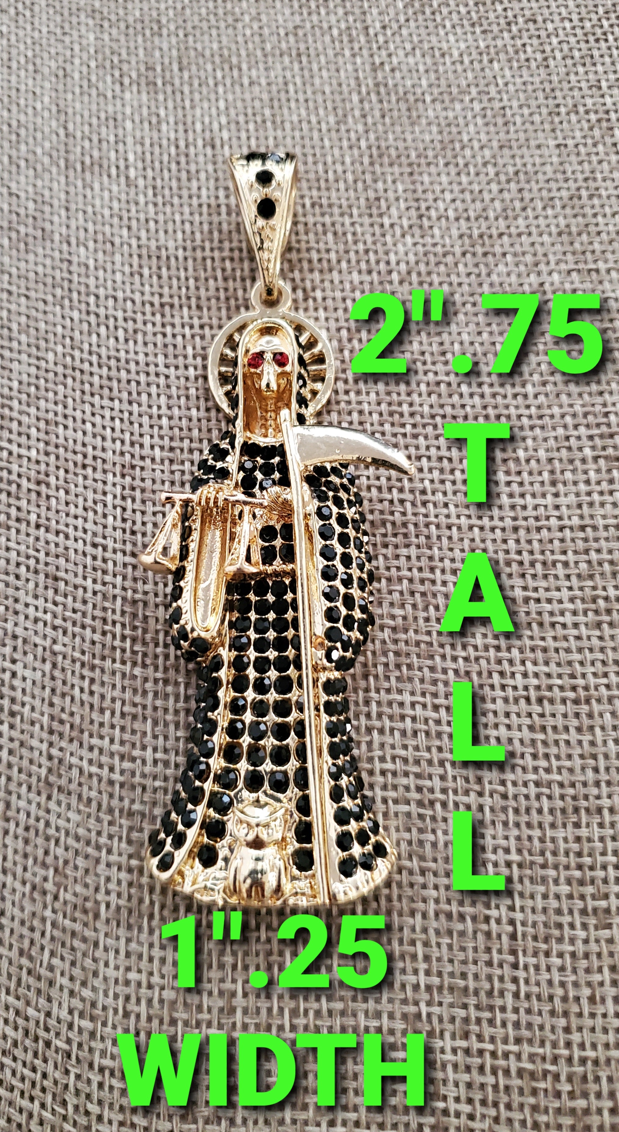 Santa muerte Reaper diamantada con cadena collar necklace figaro chain CZ Pendant 14k gold plated