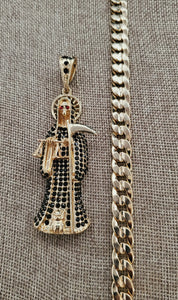 Santa muerte Reaper diamantada con cadena collar necklace figaro chain CZ Pendant 14k gold plated