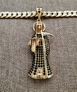 Santa muerte Reaper diamantada con cadena collar necklace figaro chain CZ Pendant 14k gold plated