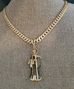 Santa muerte Reaper diamantada con cadena collar necklace figaro chain CZ Pendant 14k gold plated