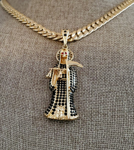 Santa muerte Reaper diamantada con cadena collar necklace figaro chain CZ Pendant 14k gold plated