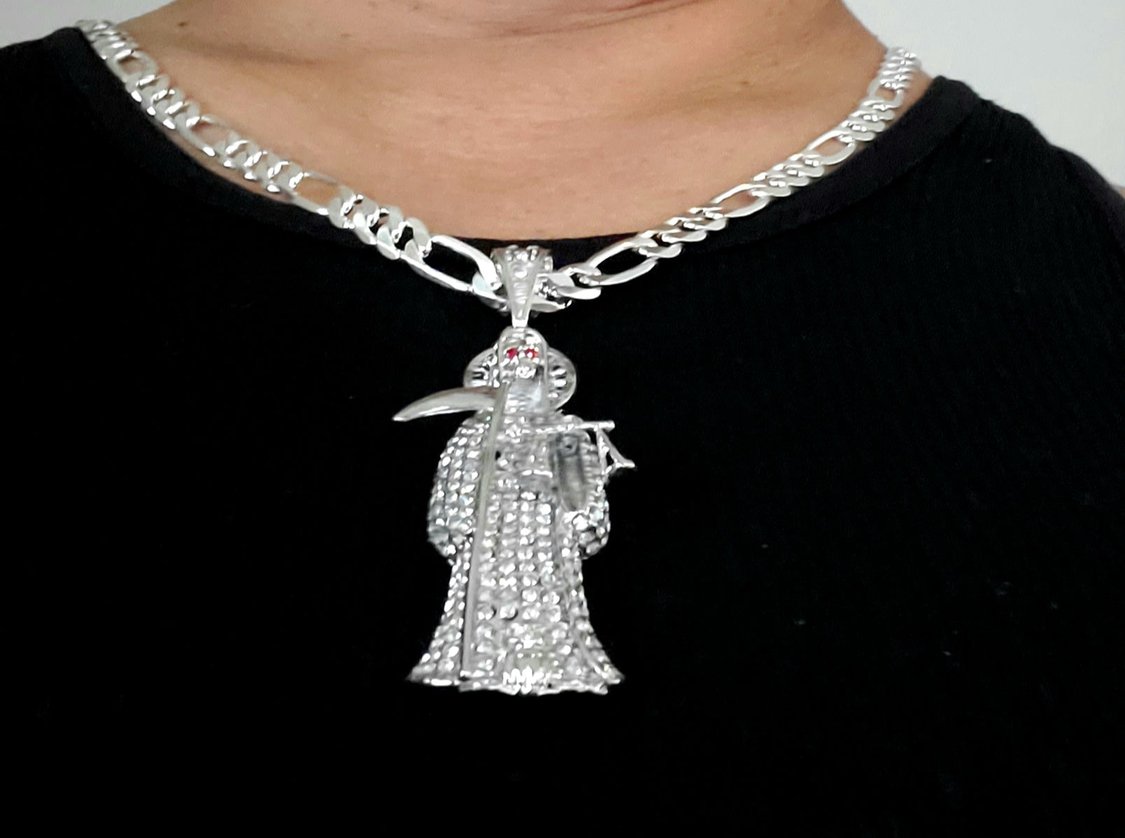 Reaper necklace Santa muerte diamantada con cadena collar figaro chain CZ Pendan