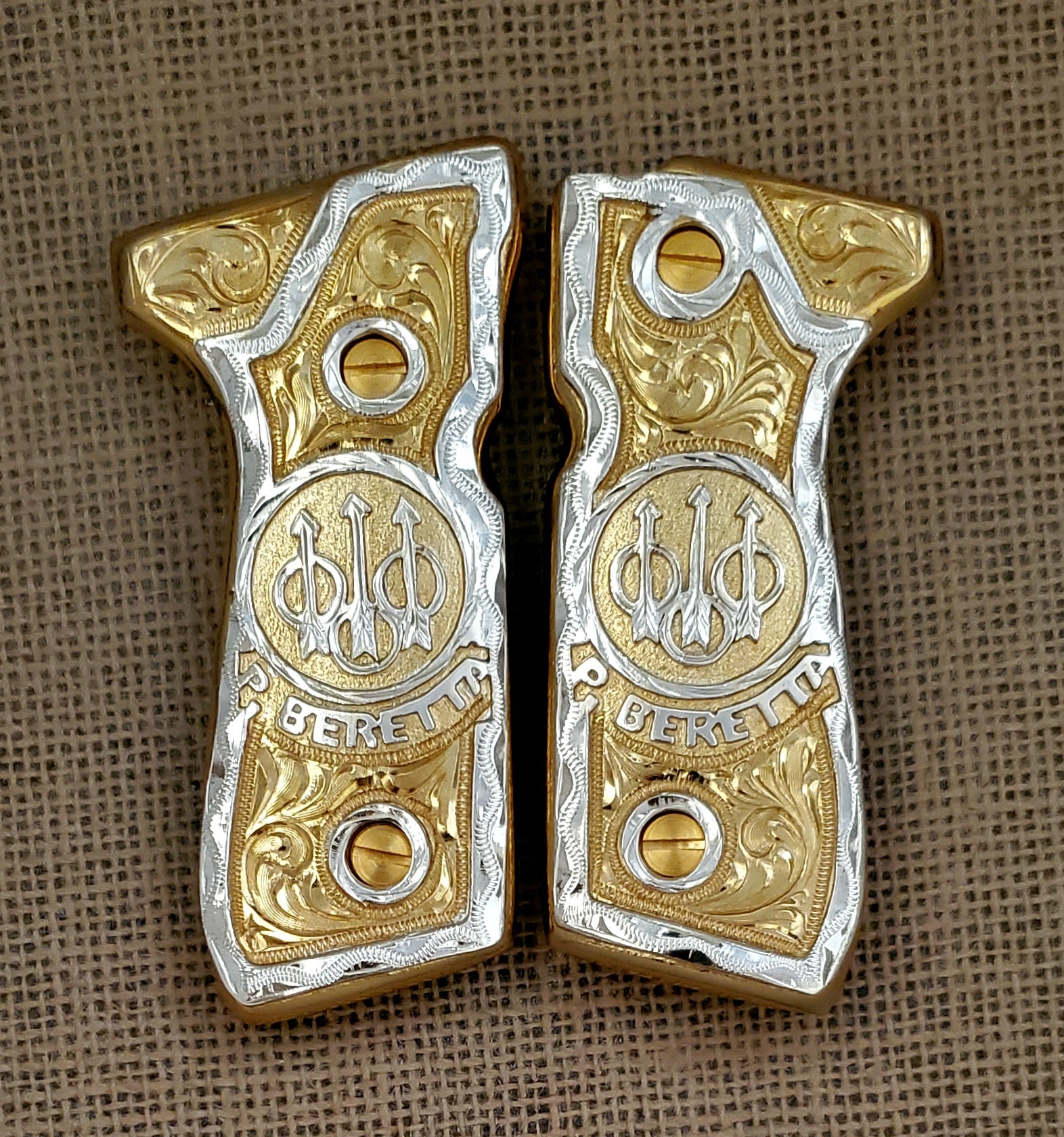 Beretta 92fs 9mm logo black,red,blue,silver,brown,golden and rose gold custom made cachas pistol grips 24k gold Plated