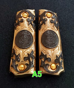 Calendario azteca cachas gun grips 1911full size custom engraved 24k gold plated