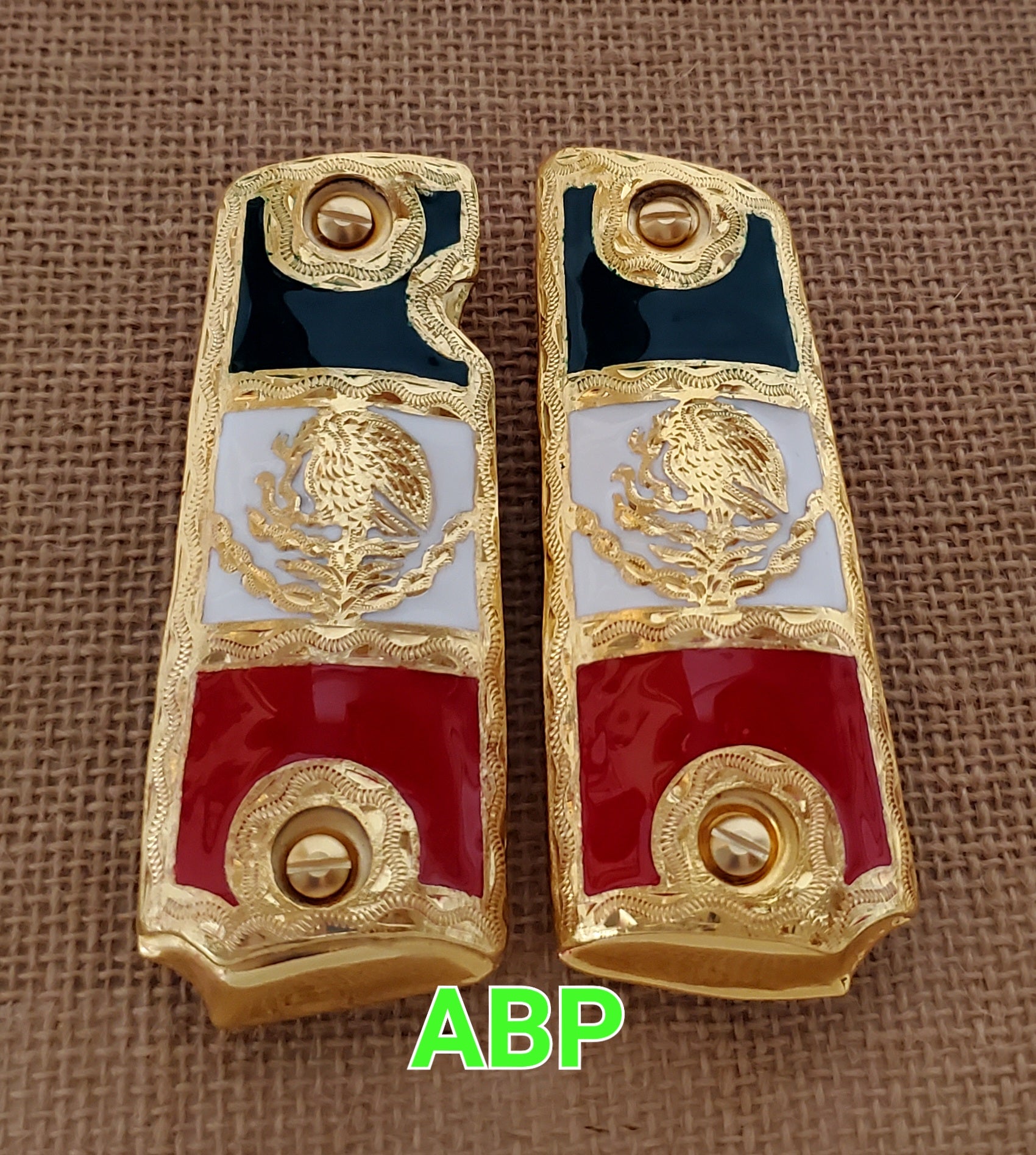 1911 mexican flag narco style government gun grips cachas bandera mexicana 24k gold plated